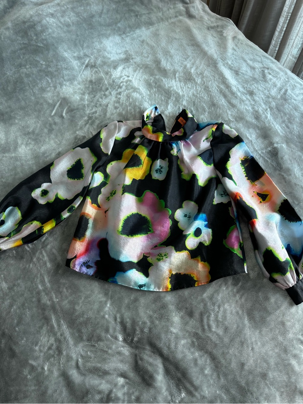STINE GOYA Black Floral High Neck Blouse with Neon Flowers - Picture 3 of 4